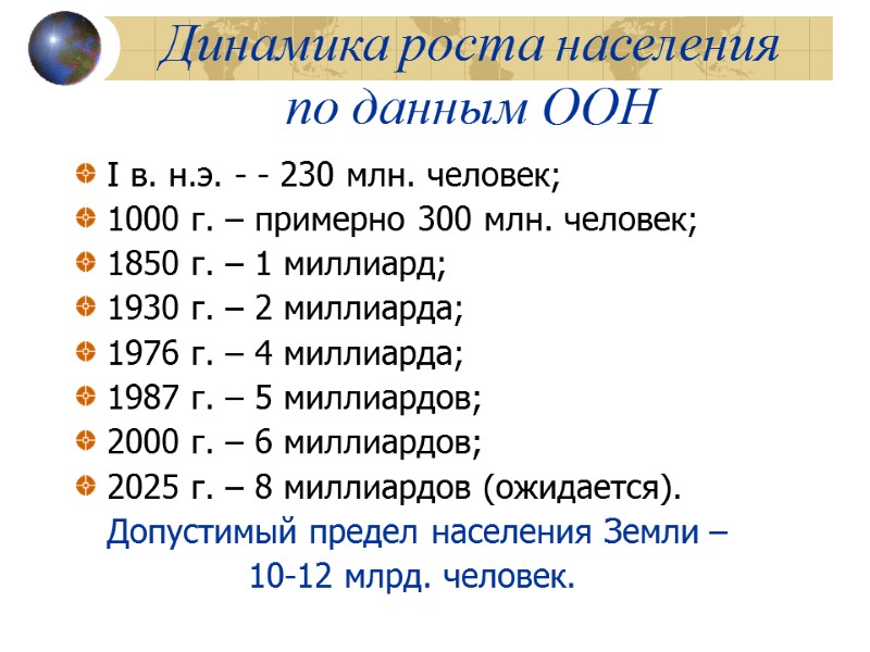 Динамика роста населения по данным ООН I в. н.э. - - 230 млн. человек;